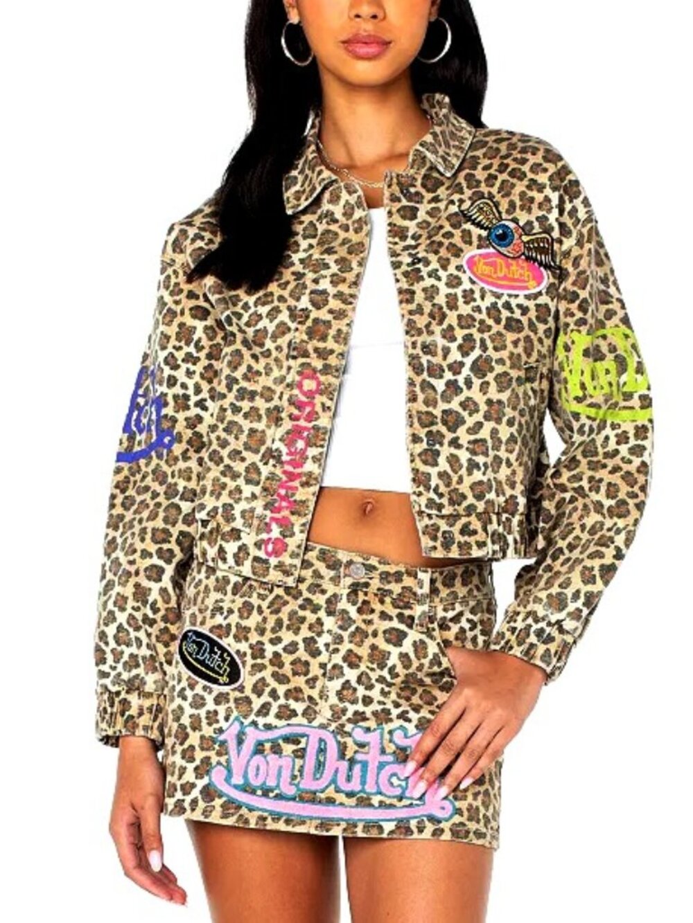 Von Dutch Women’s Denim Leopard Graphic Patch Trucker Jacket Y2K Style Size S
